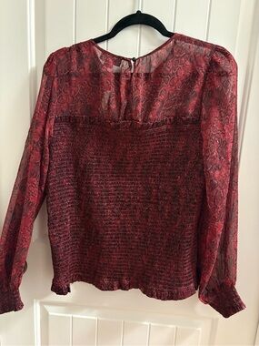 NWT Women's Burgundy Sheer Long-Sleeve Smocked Snake print Blouse